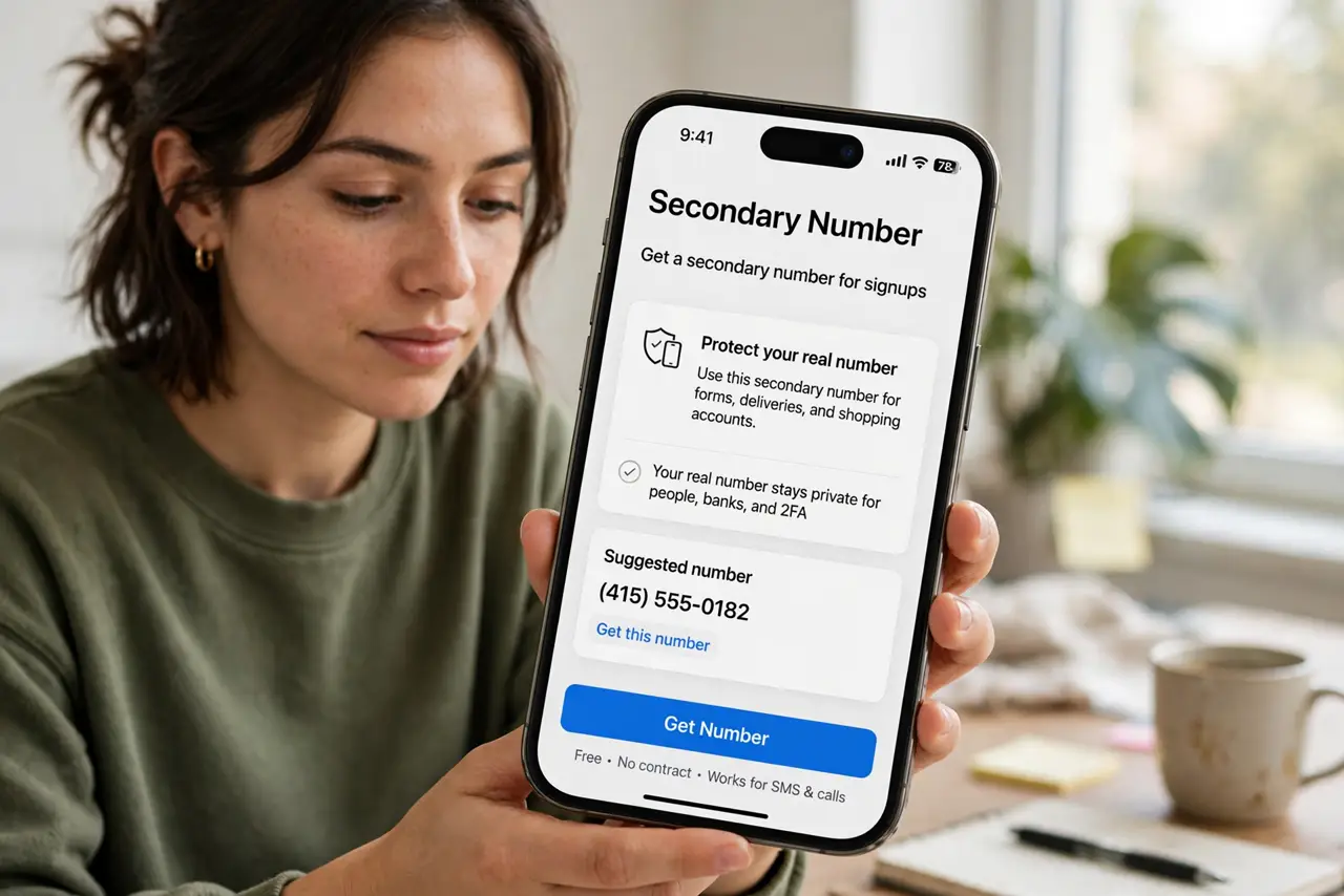 A person performing step 1: Get a secondary number for signups. A free or cheap VoIP number absorbs forms, deliveries, and shopping accoun.