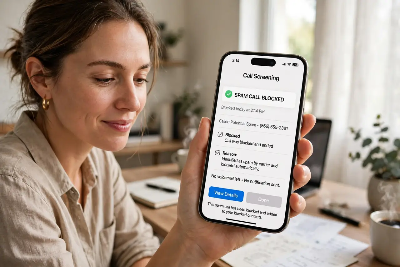 A person at a desk holding a real smartphone showing a call-screening screen with a spam call blocked and legible text, the person's face relieved, home office.