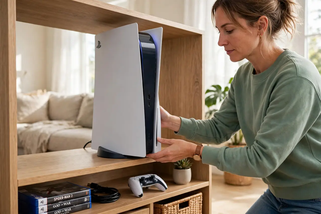 Photoreal photo of a person performing the first step: Place it with room to breathe. Stand the PS5 vertically or horizontally with several inches of 