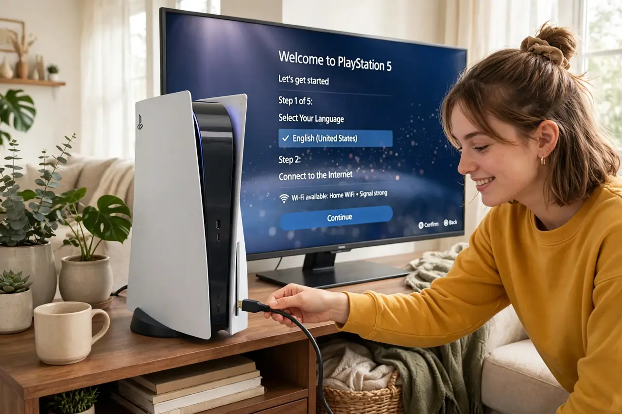 Photoreal photo: a person connecting a real PS5 console to a real TV with an HDMI cable, the TV showing the PS5 setup screen with legible text, the person's face excited, living room. No black screen, no blank white screen, no fake or