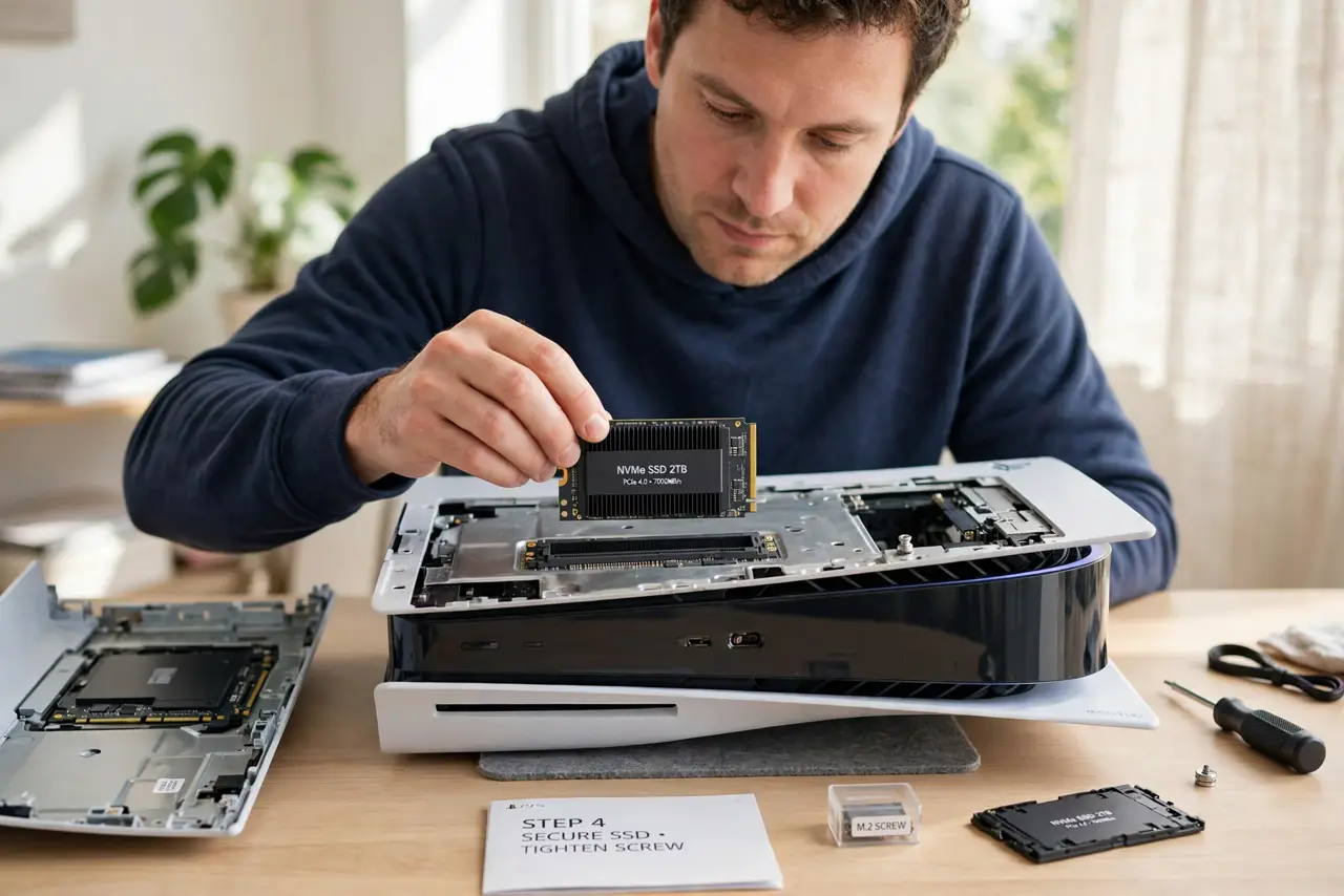 a person installing a real M.2 SSD into an opened real PS5 console on a clean table, the SSD and heatsink visible, the person's face concentrated, bright room.