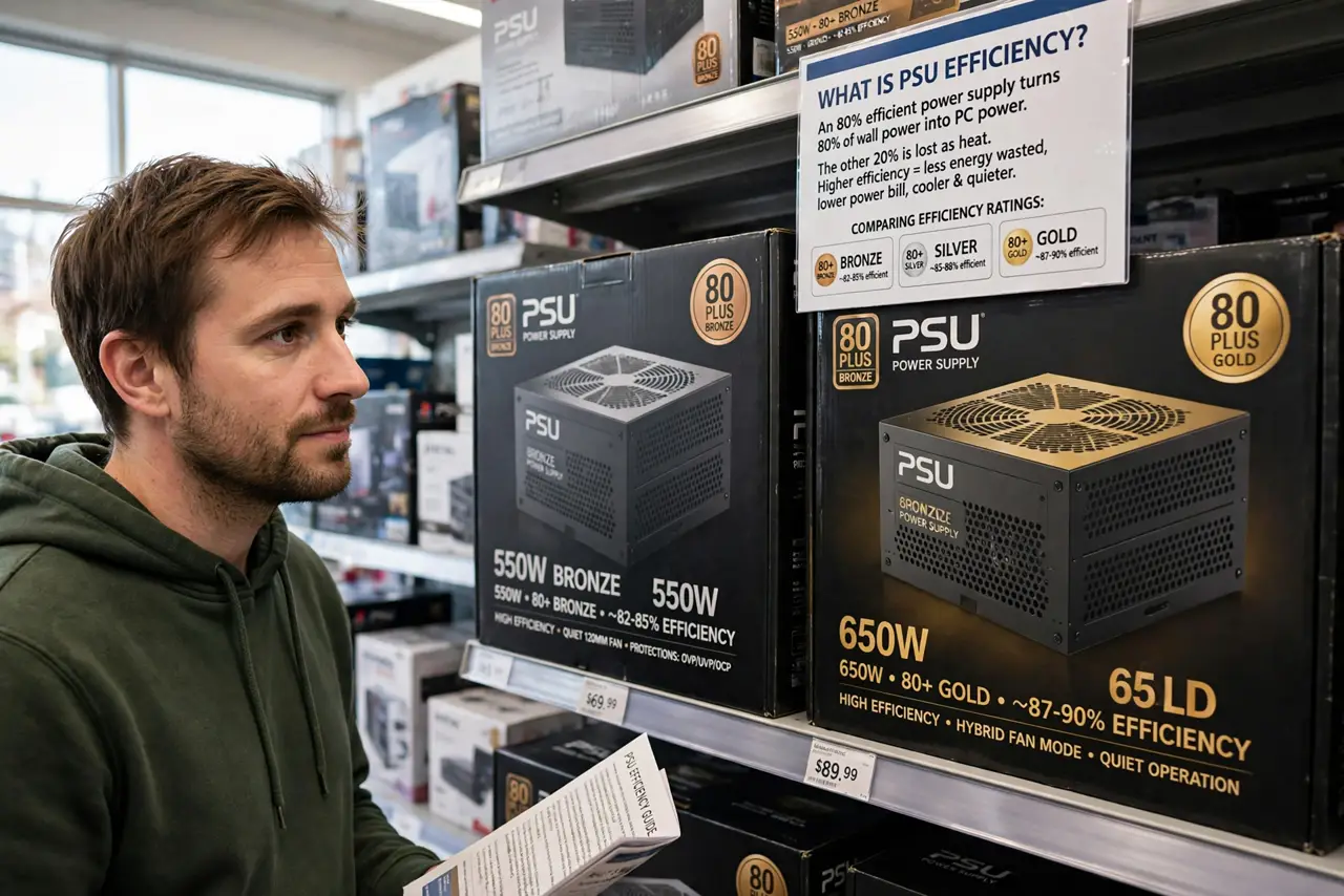 A person performing the first step: Learn what efficiency means. An 80% efficient PSU turns 80% of wall power into PC.