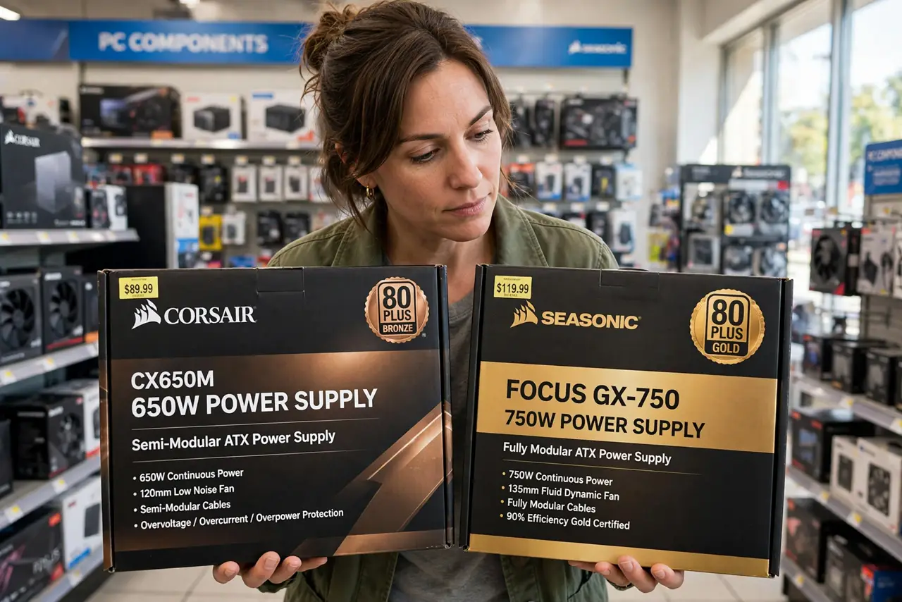 A person comparing two real power supply boxes side by side showing 80 Plus Bronze and Gold badges legibly, the