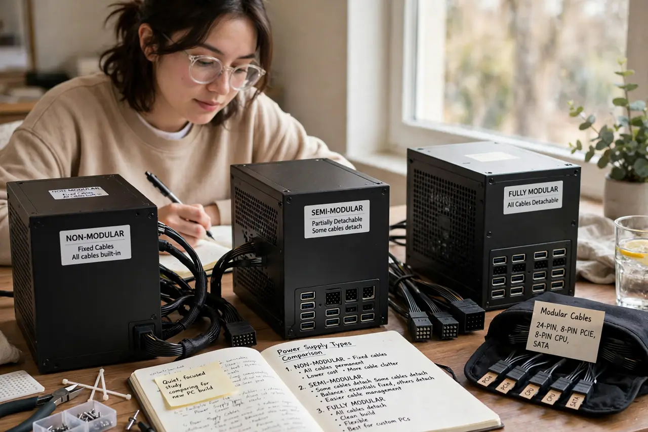 A person performing the first step: Learn the three types. Non-modular: all cables fixed. Semi-modular: essential.
