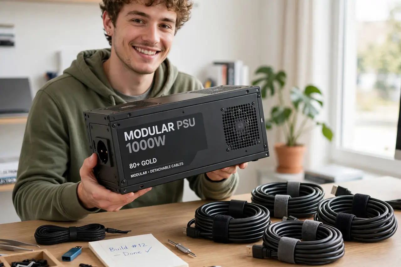 A person holding a modular power supply with detachable cables beside it on a desk, cables neatly coiled, the person's