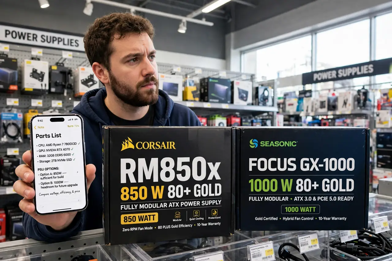 a person comparing two real power supply boxes showing wattage ratings in a store aisle, a parts list on a phone, the person's face thoughtful, bright store. No black screen, no bl.