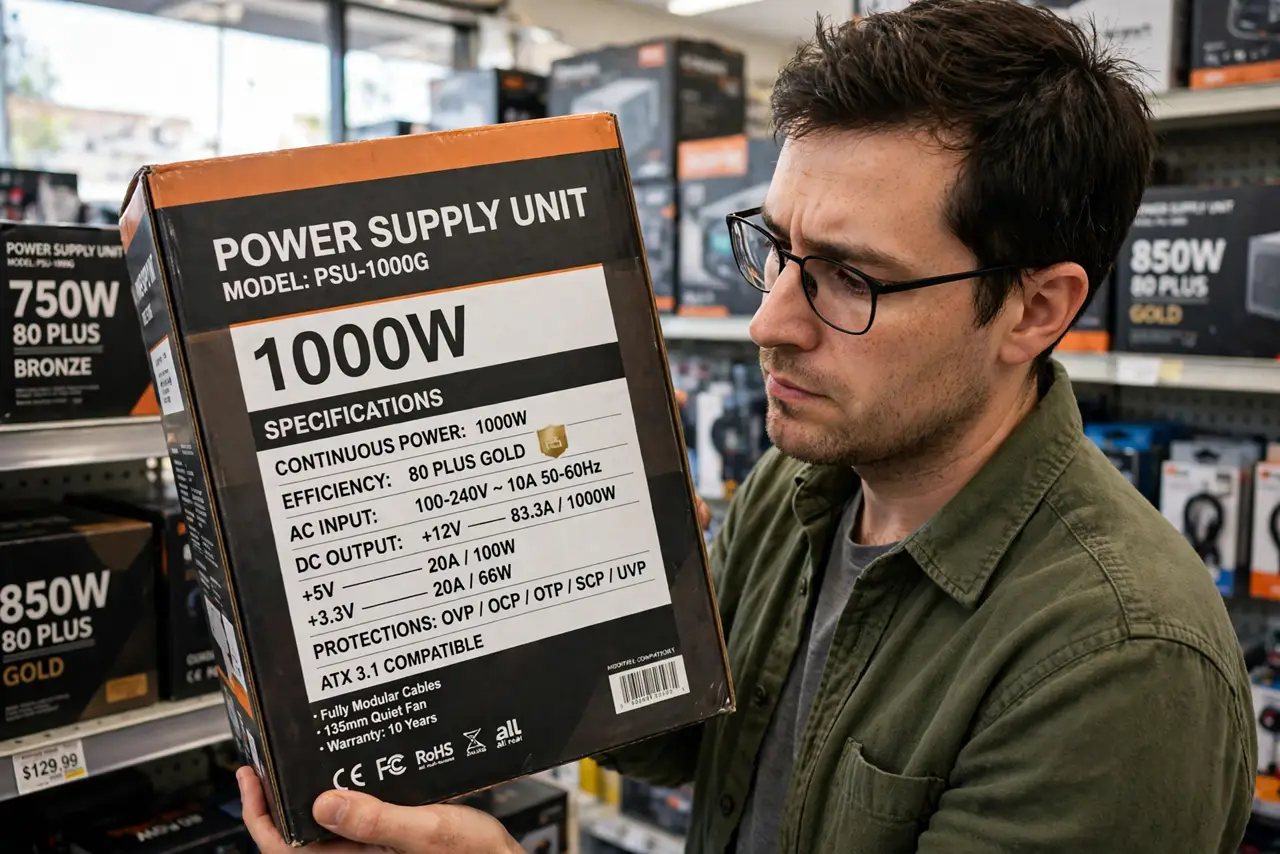 A person reading the specification label on a real power supply unit box showing wattage numbers legibly, the person's