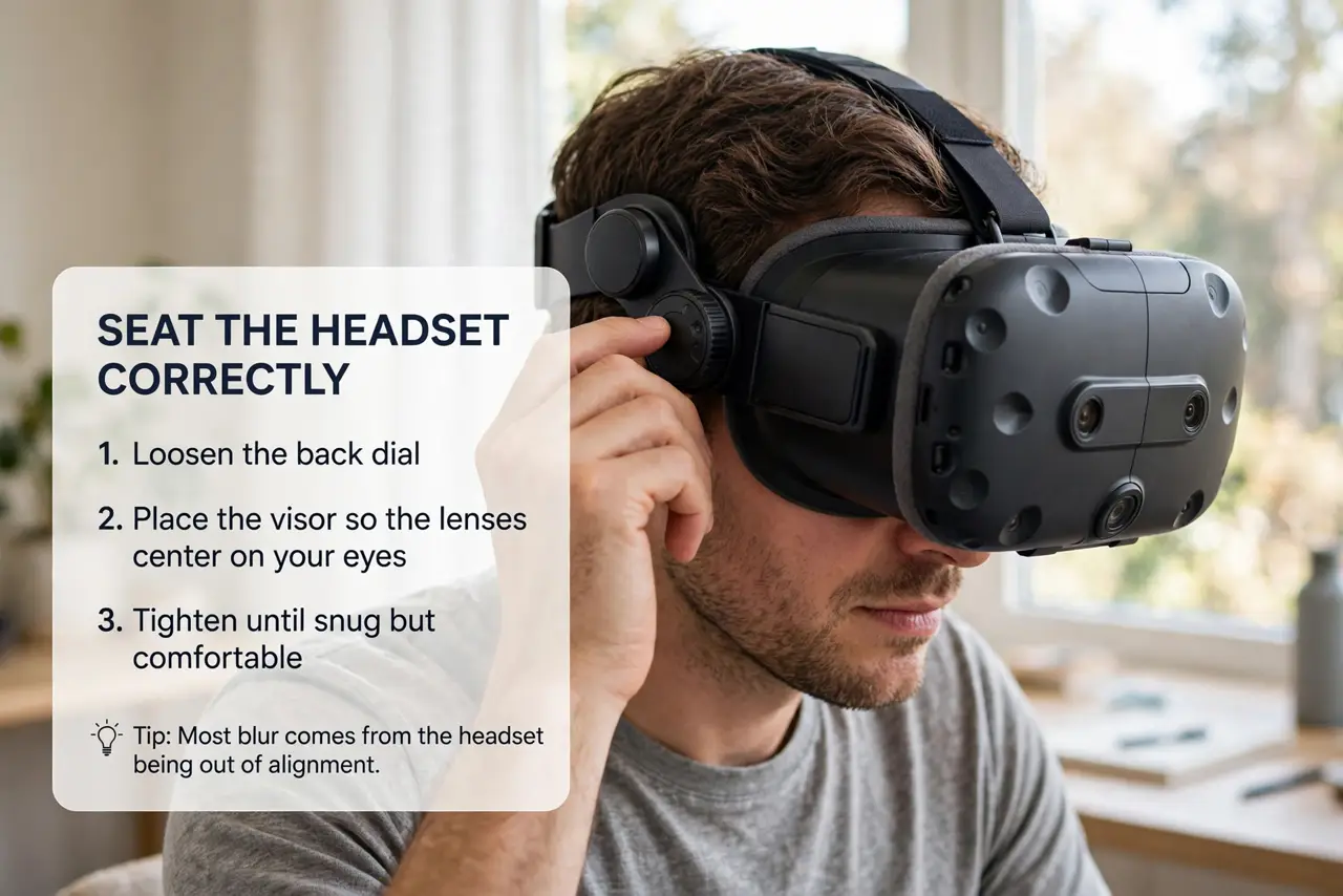 A person performing the guide's first step: Seat the headset correctly. Loosen the back dial, place the visor so the lenses center on your eyes, then tighten until snug but…