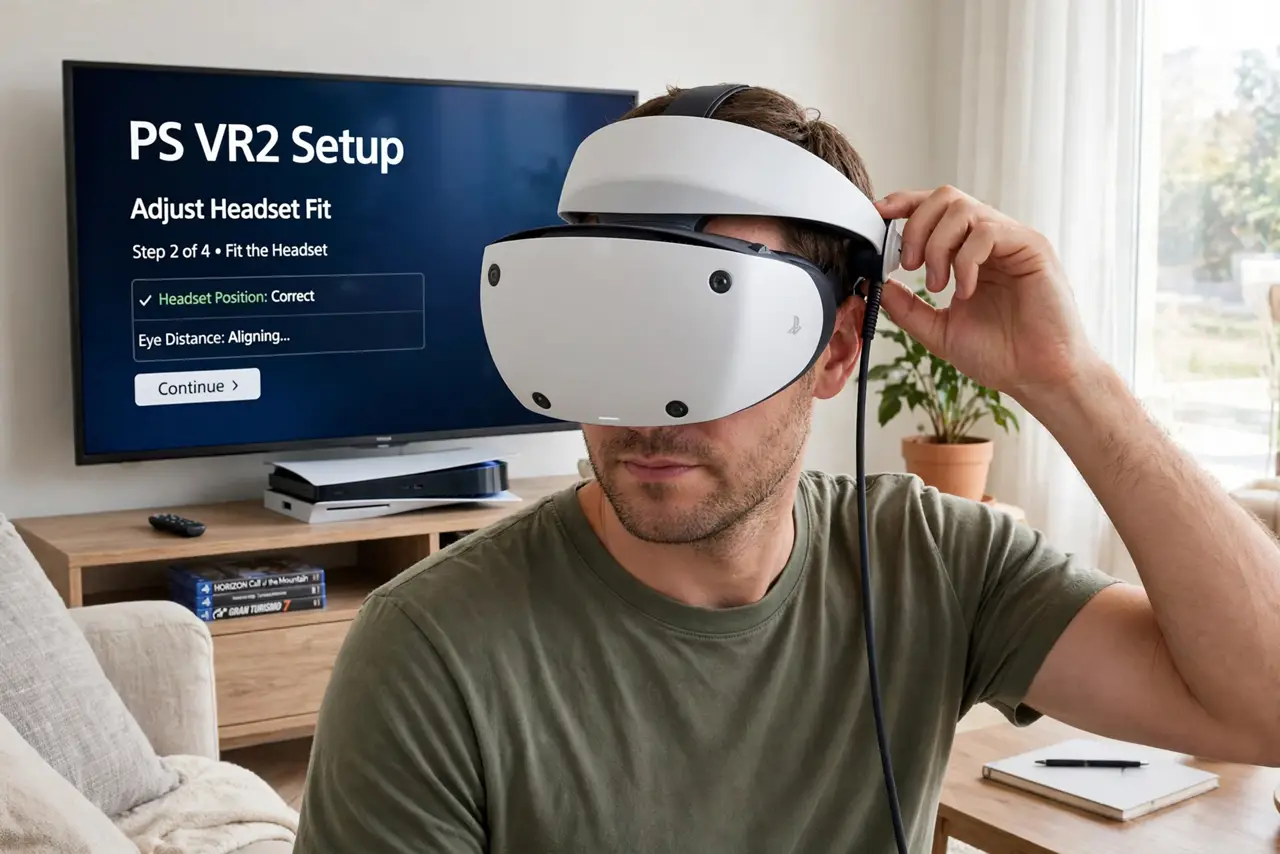 A person wearing a real PSVR2 headset connected to a PlayStation 5, adjusting the headset fit, a TV showing the setup screen with legible text behind, the person's face concentrated, living room.