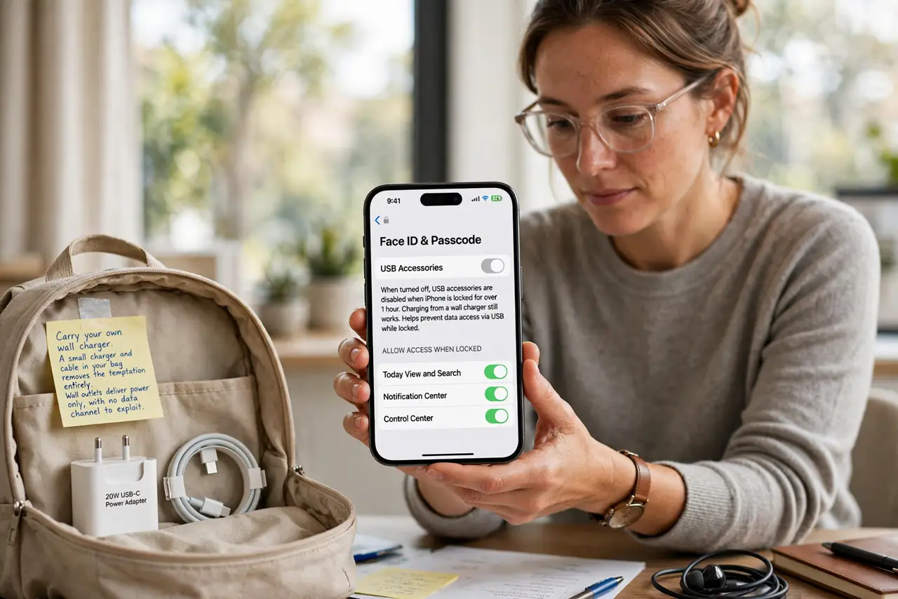 A person performing step 1 of the guide: Carry your own wall charger. A small charger and cable in your bag removes the temptation entirely. Wall outlets deliver power only,...