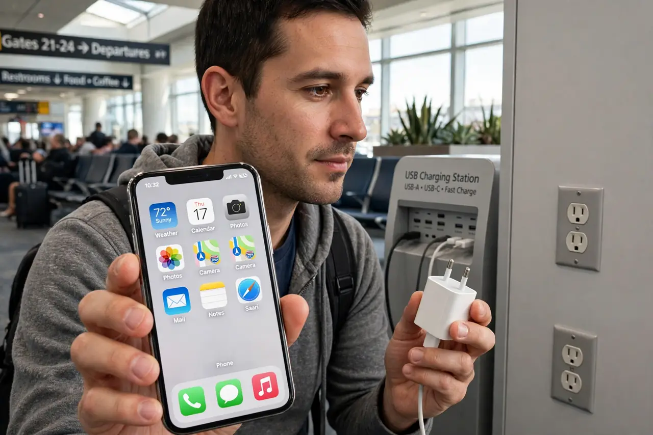 a calm adult in an airport holding a real iPhone and a personal wall charger, a public USB charging station visible in the background, the person choosing the wall outlet