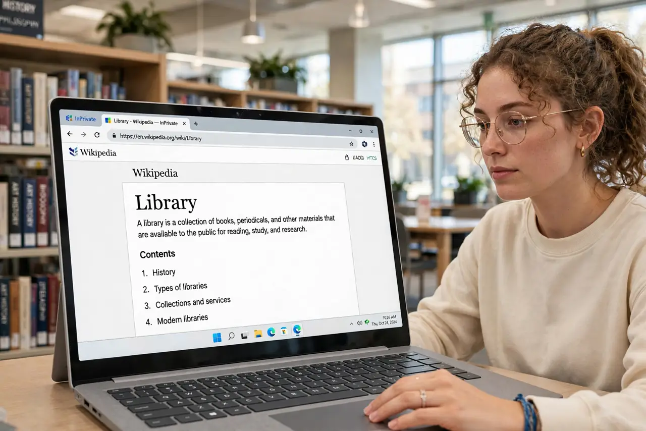 a person using a real library computer, the screen showing a legible browser in private mode, the person's face alert, bright library.