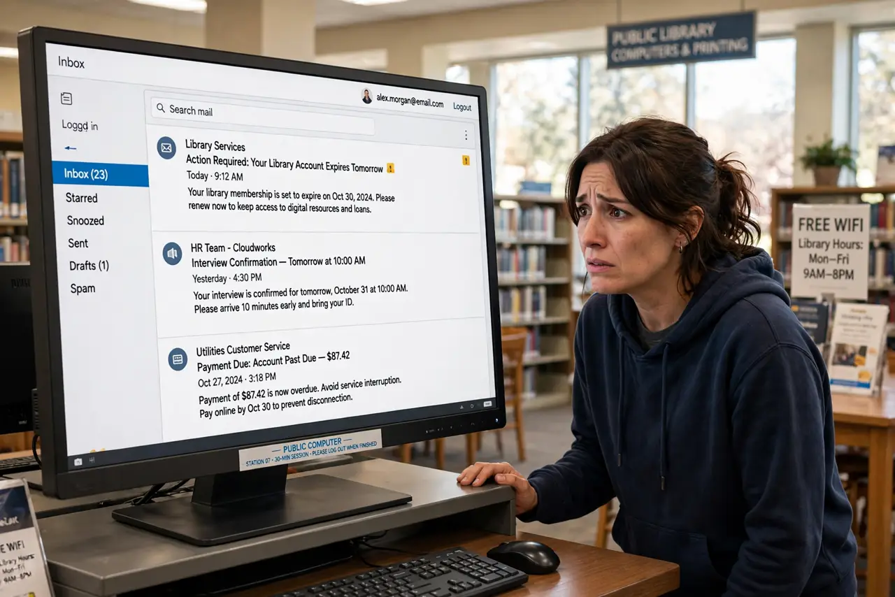 Signed In on a Public Computer — a nervous adult standing next to a real public library computer showing a logged-in email inbox, the screen fu