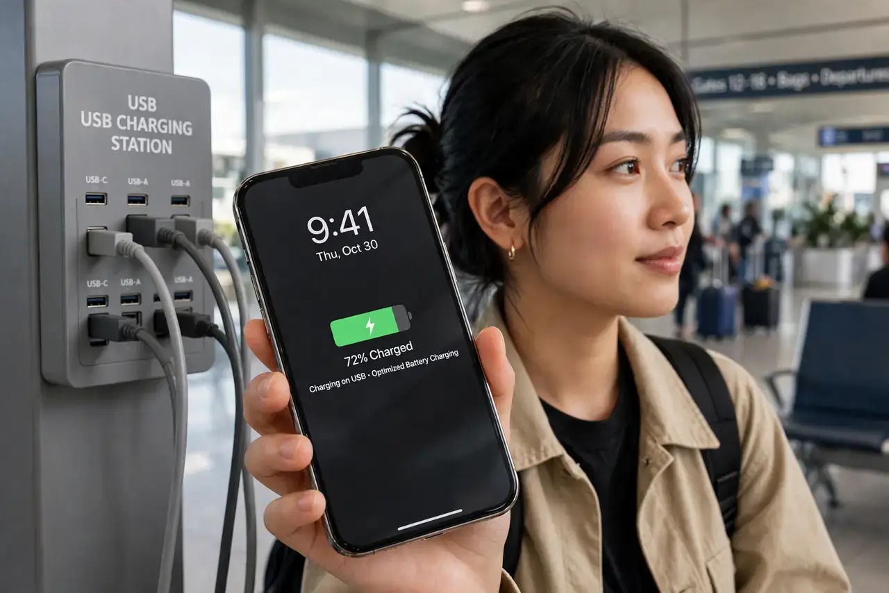 Public USB Charging: Is It Safe — a traveler at an airport holding a real iPhone near a public USB charging station, the phone screen showing th