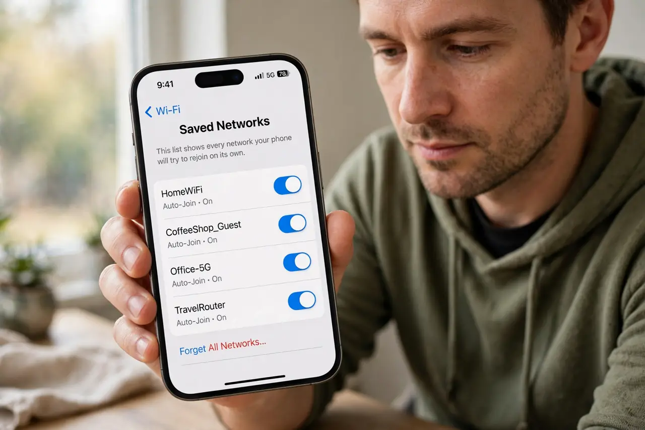 Public Wi-Fi Auto-Connects by Itself? Stop It — step 1 being performed on the device.