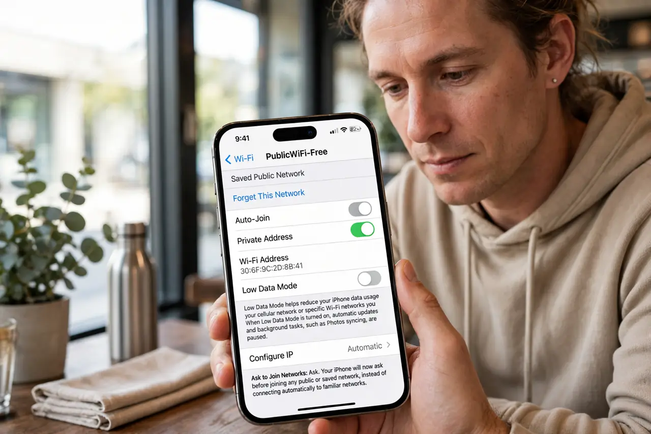 A person performing step 1 of the guide: Turn off auto-join for public networks. Open Wi-Fi settings and disable auto-join on saved public networks. Your phone then asks before...