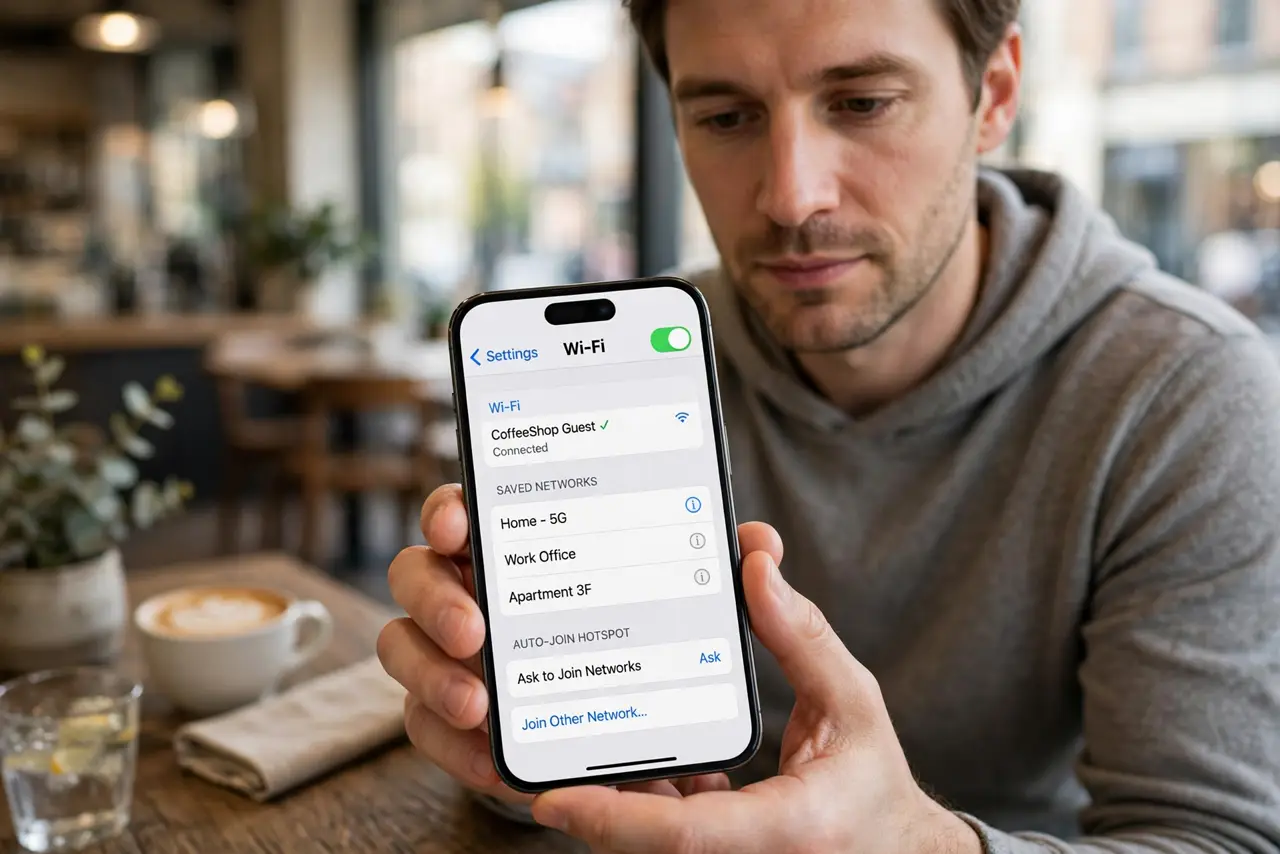 a calm adult in a cafe holding a real iPhone showing the normal Wi-Fi settings screen with a saved networks list and legible text, the person reviewing it