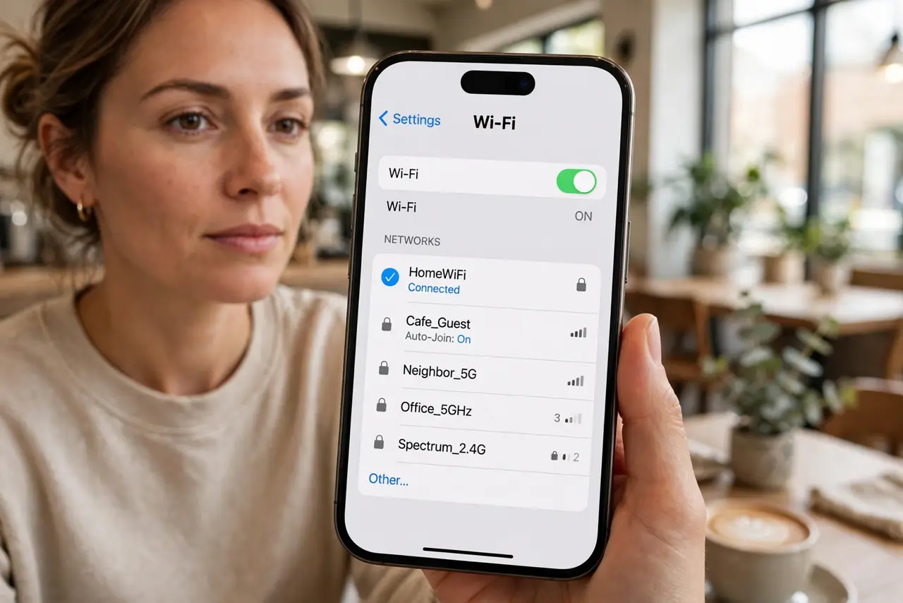 Public Wi-Fi Safety: The Plain Basics — a calm adult holding a real iPhone in a real cafe, the screen showing the Wi-Fi settings list with network nam