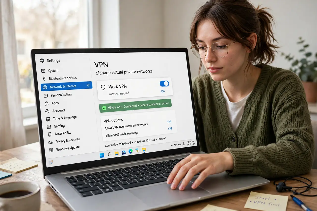 A person calmly performing the guide's first step: Turn on a VPN before anything else.