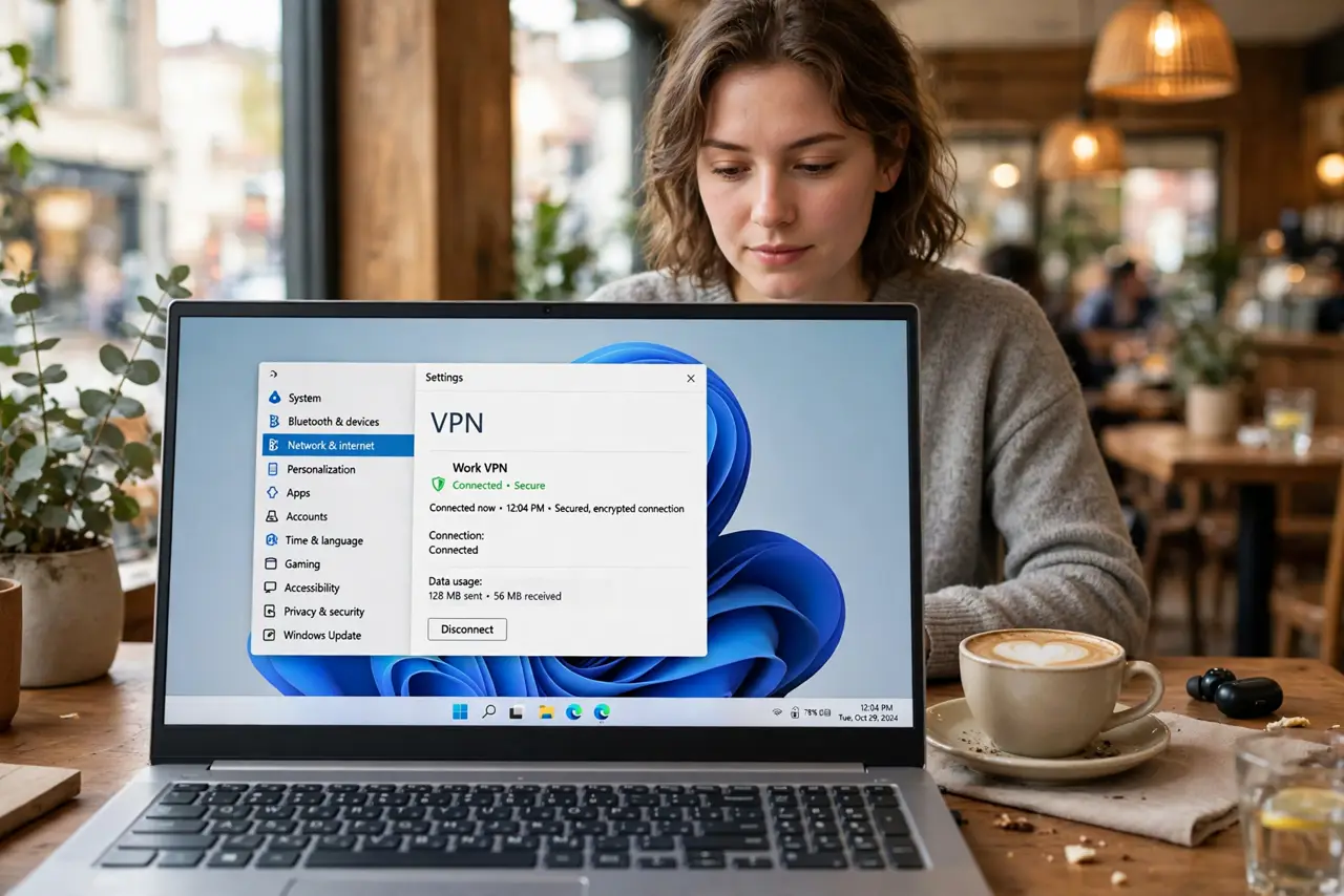 a person working on a real laptop in a real cafe, the screen showing a VPN connected status legibly, coffee cup beside, the person's face calm and focused, warm cafe light. No blac.