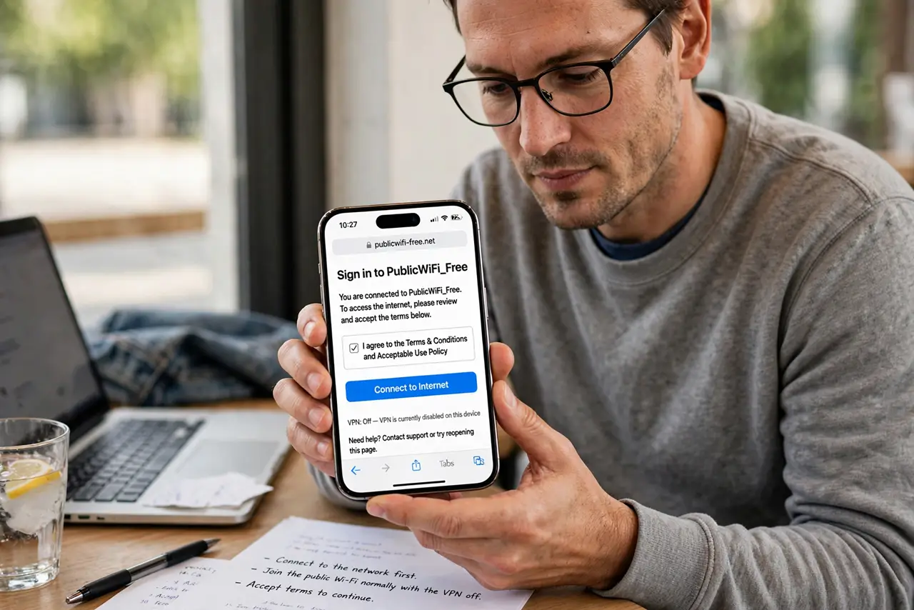 A person performing step 1 of the guide: Connect to the network first. Join the public Wi-Fi normally with the VPN off. The portal page needs a direct connection to show you its login or accept-terms screen.
