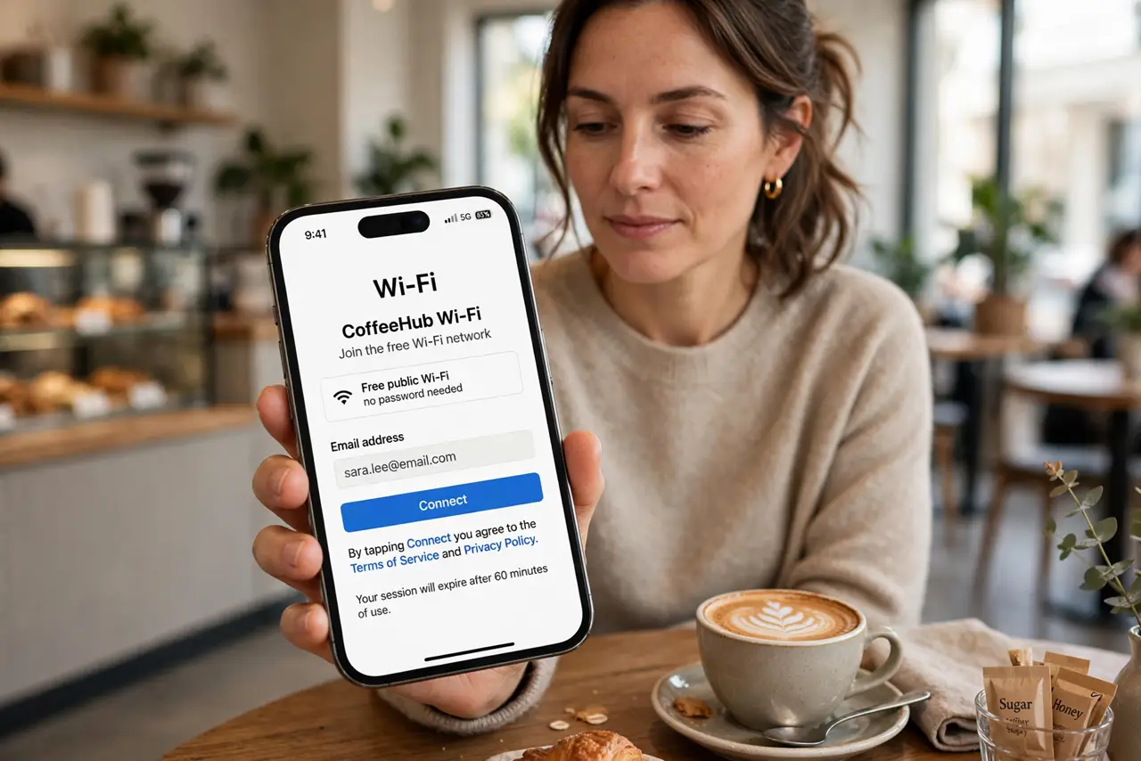 a calm adult in a coffee shop holding a real phone showing a Wi-Fi login portal page with legible text, a coffee cup on the table. No black screen, no blank white screen, no fake or garbled screen text.