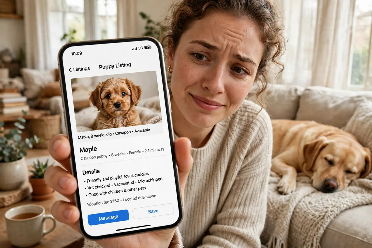 a person holding a real phone showing an adorable puppy listing, looking both delighted and suspicious, a real dog sleeping nearby, cozy home setting. No black screen, no blank whi.
