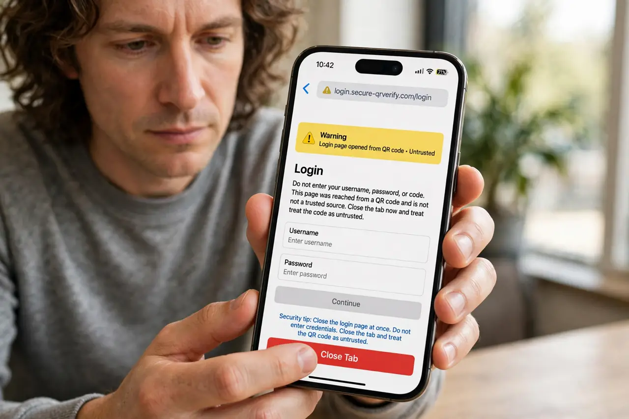 QR Code Leads to a Login Page? Stop — step 1 being performed on the device.