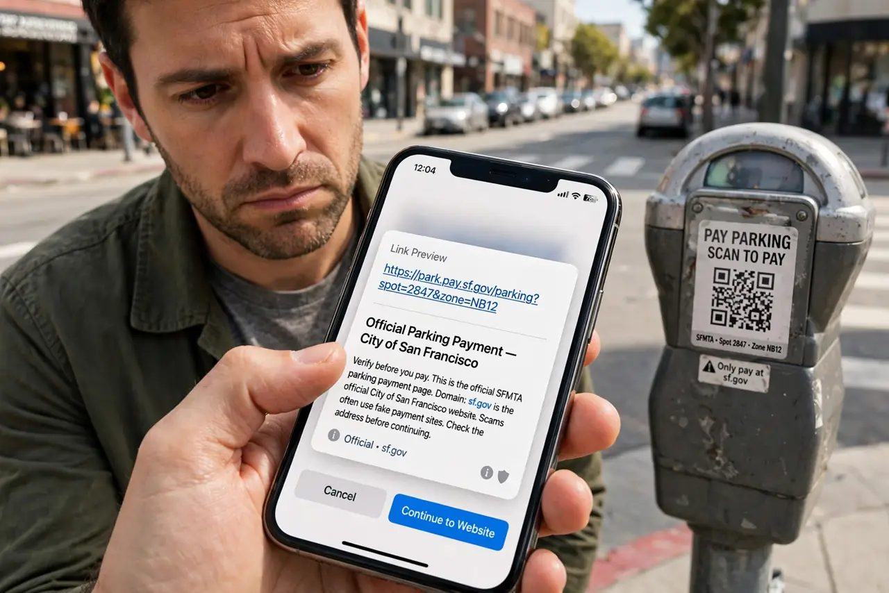 A person performing the first step: Let the phone show the preview. Both iPhone and Android cameras display the URL before opening. Never tap through.