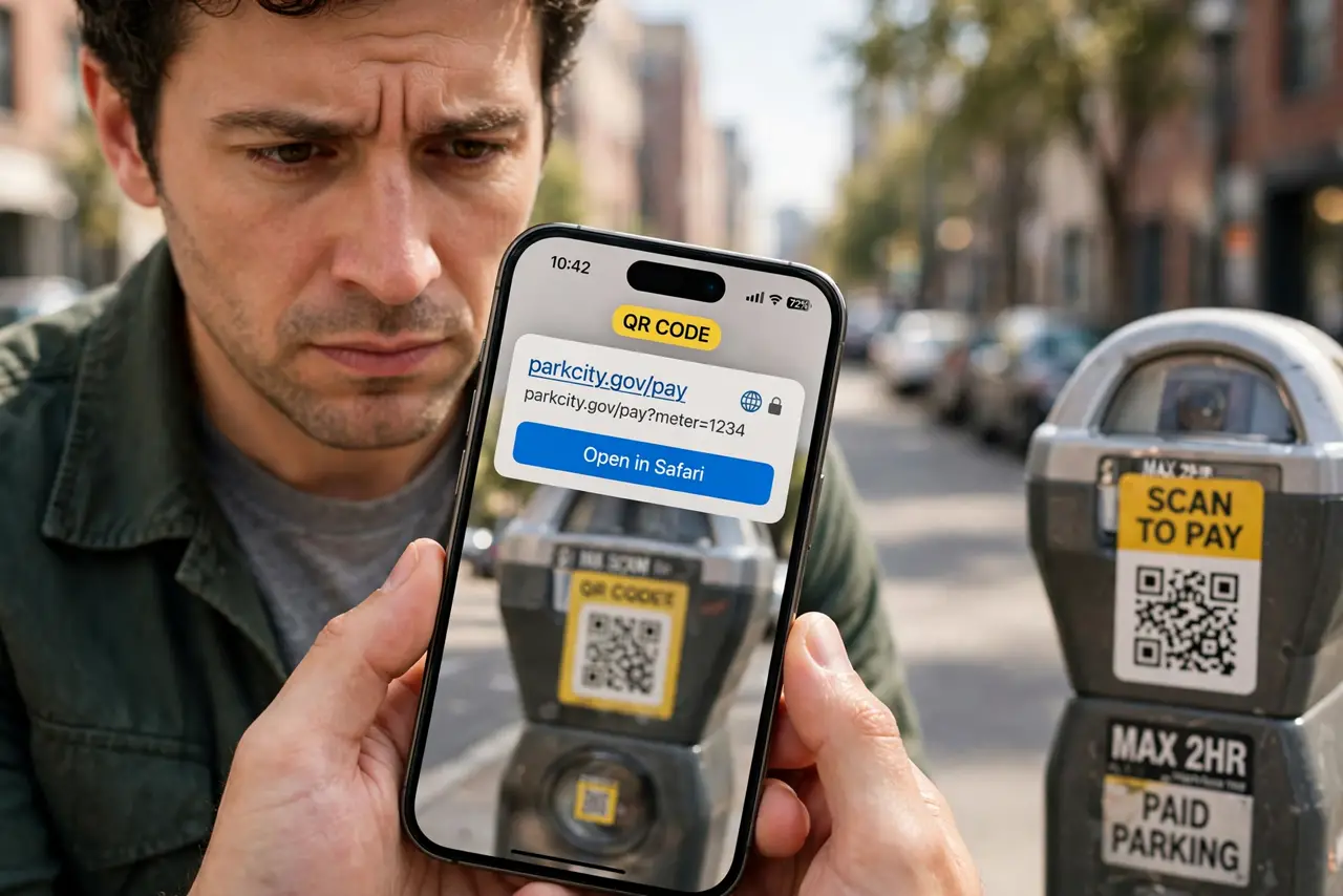 A skeptical adult holding a real phone scanning a QR code sticker on a parking meter, the phone showing the URL preview fully legible, the person's face cautious, city street.