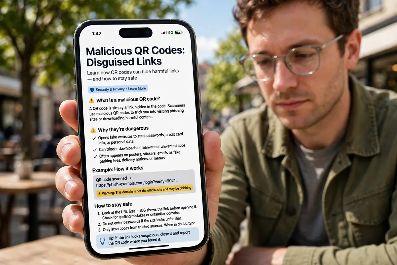 Photoreal photo of a person performing the first step: Know what a malicious QR code does. It is just a link in disguise — usually to a phishing lo...