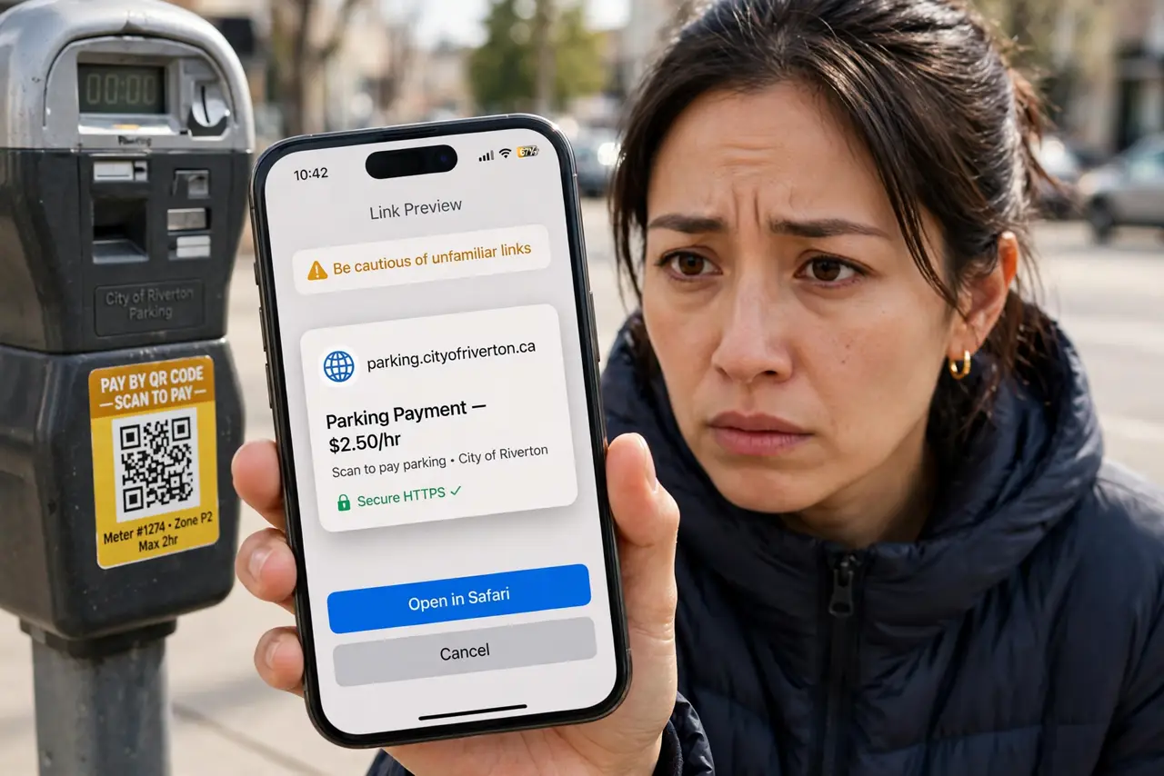 Photoreal photo: a person holding a real smartphone pointed at a QR code sticker on a parking meter, the phone screen showing a legible link preview popup, the person's face cautious, outdoor daylight. No black scr...