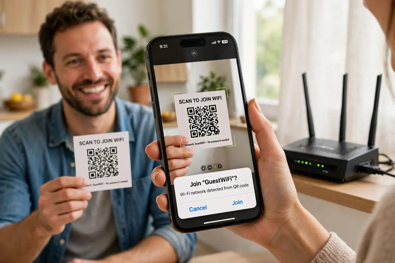 Share Wi-Fi With a QR Code — a cheerful adult holding a real printed QR code card next to a real router, a guest's real iPhone camera point