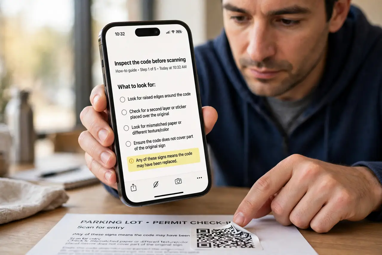 QR Code Sticker Over a Real Code? Check First — step 1 being performed on the device.