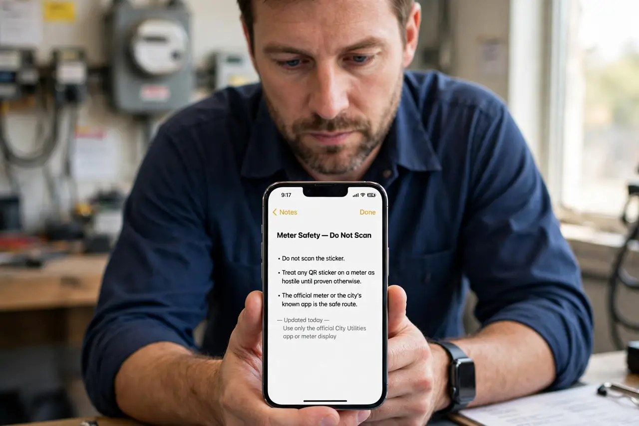 A person performing step 1 of the guide: Do not scan the sticker. Treat any QR sticker on a meter as hostile until proven otherwise. The official meter or the city's known app...