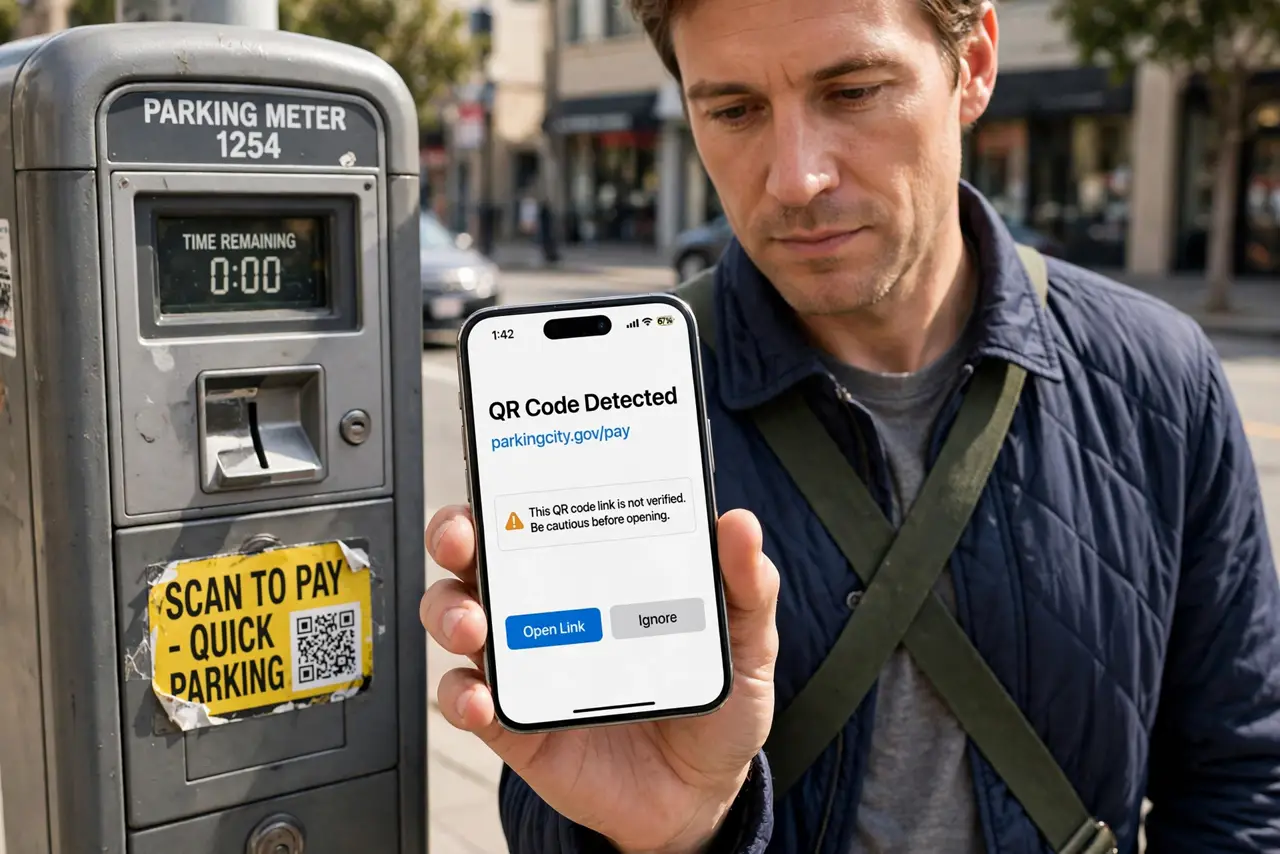 a calm adult standing at a real parking meter outdoors, a suspicious QR sticker visible on the meter, the person holding their phone away and looking closely at the sticker