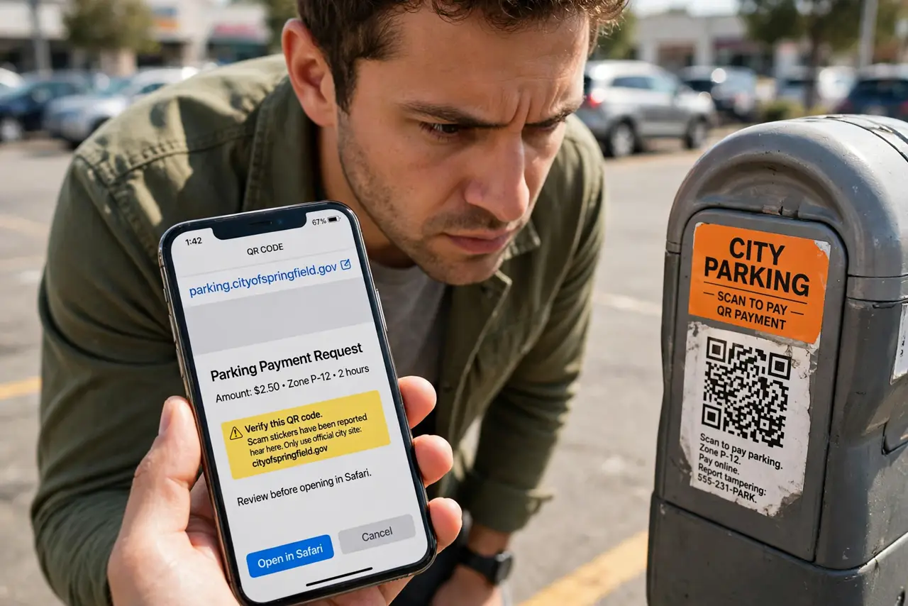 a person in a parking lot holding a real iPhone near a parking meter, looking closely at a QR sticker with a suspicious expression, daylight. No black screen, no blank white screen.
