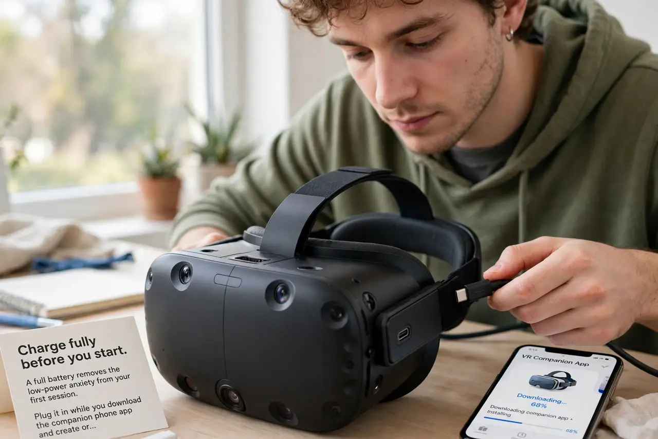 A person performing the guide's first step: Charge fully before you start. A full battery removes the low-power anxiety from your first session. Plug it in while you download the…