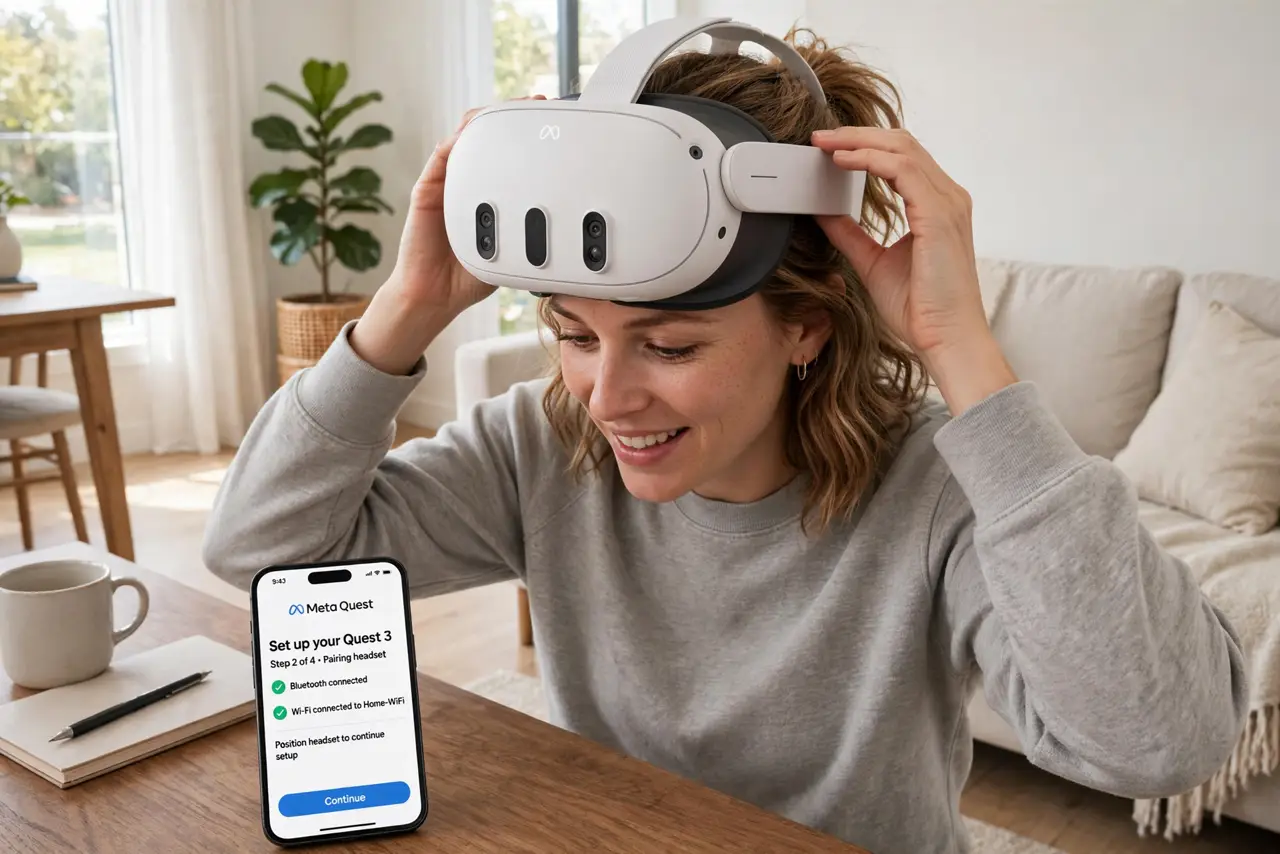 A person putting on a real Quest 3 headset in a clear living room, the headset clearly visible, a phone showing the companion app with legible setup screen on a table, the person's face excited,….