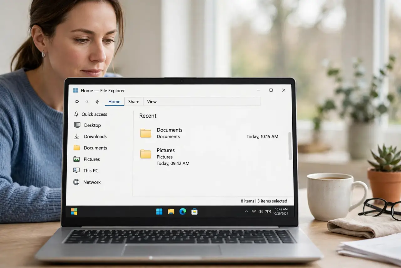 A focused woman confirming she is on the File Explorer Home view.