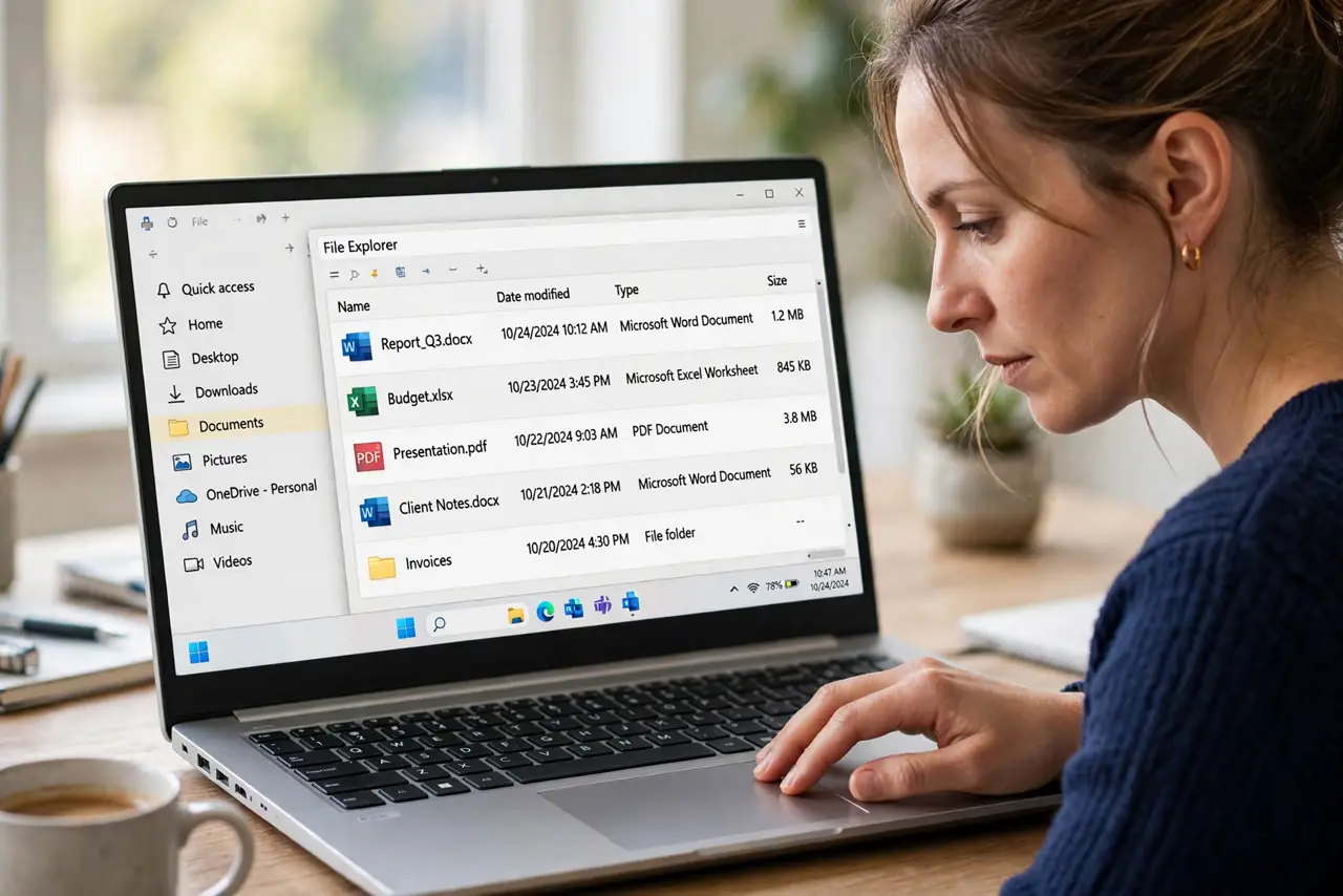 A focused woman looking at File Explorer on a Windows laptop showing the Quick Access sidebar.