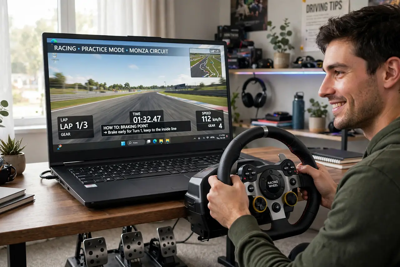 a person gripping a real racing wheel mounted on a desk playing a racing game with a legible track on the monitor, pedals visible under the desk, the person'...