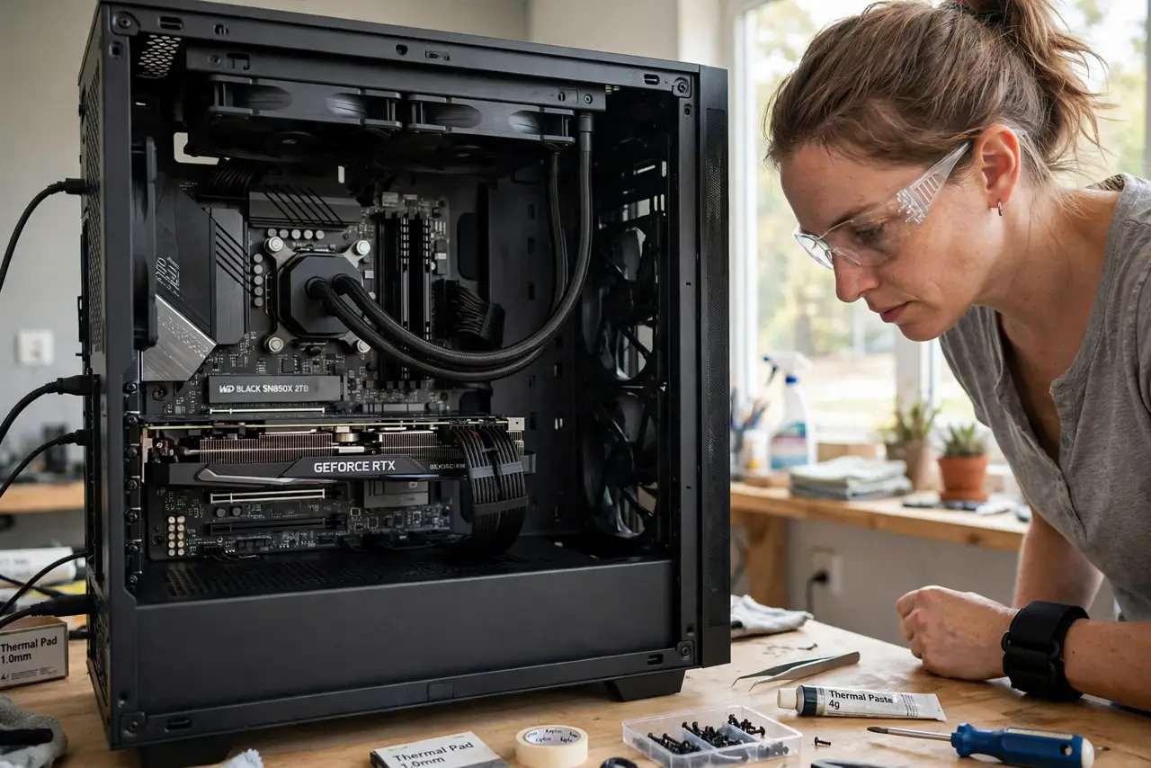 a person looking inside a real PC case showing an AIO radiator mounted at the top with visible tubes, the person's face focused, well-lit workbench. No black screen, no blank white.