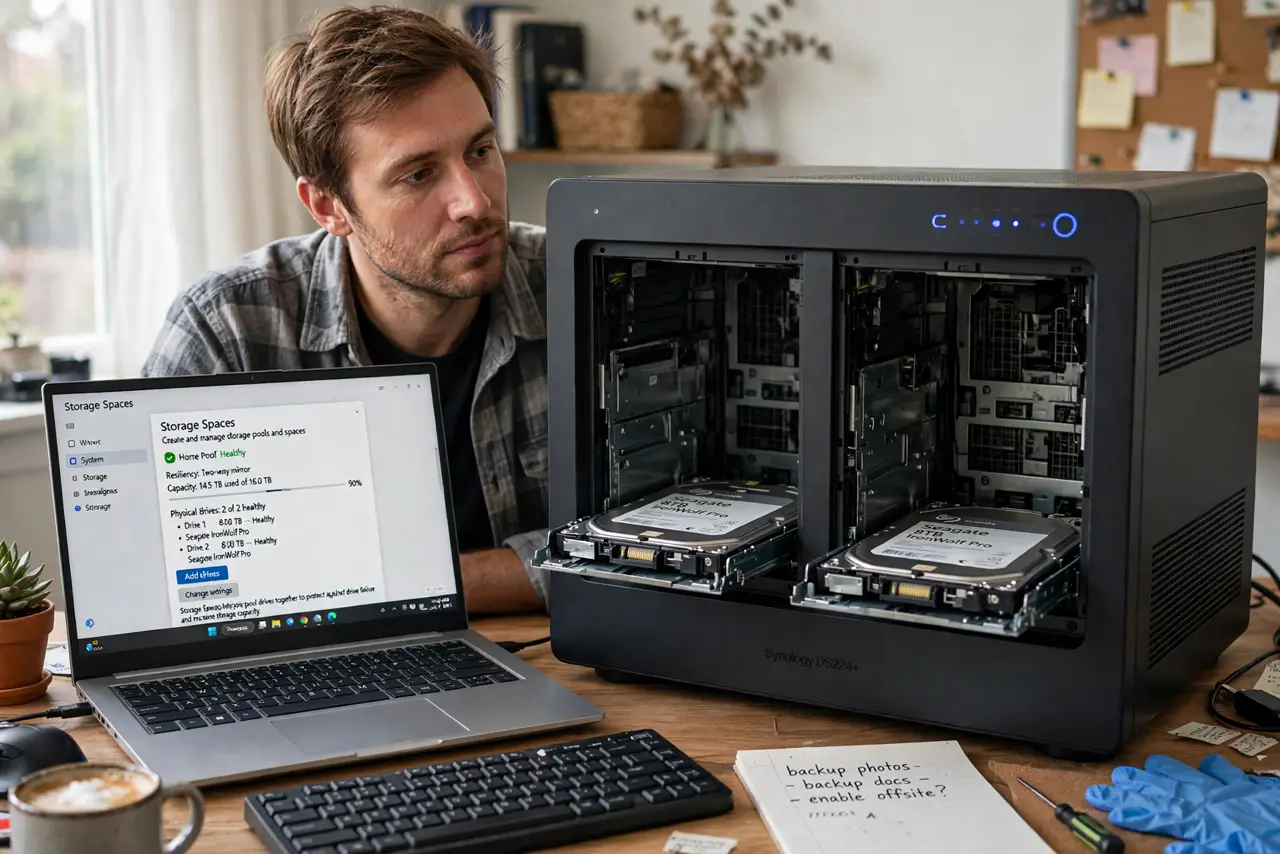 a person looking at a real NAS device with two drive bays open showing real hard drives, a laptop nearby displaying a storage setup screen, the person's face thoughtful, home offic.