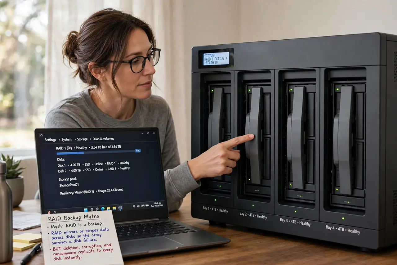 A person performing step 1 of the guide: Myth: RAID is a backup. RAID mirrors or stripes data across disks so the array survives a disk failure. But deletion, corruption, and...