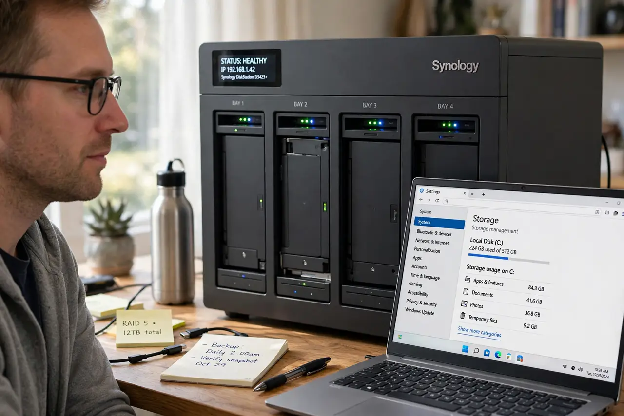 a calm adult looking at a real NAS with multiple drive bays on a desk, the status lights visible, a laptop nearby showing a normal storage screen with legible text