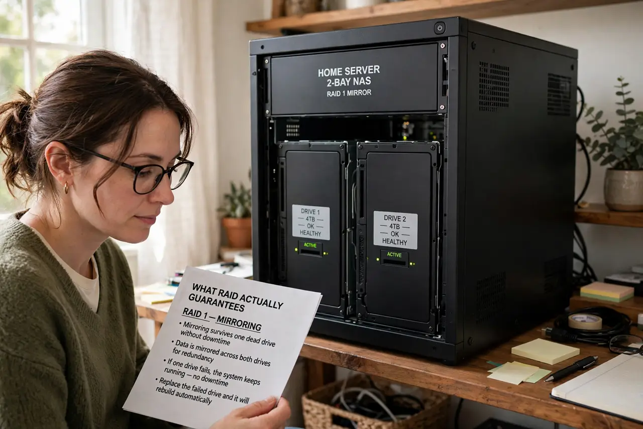 A person performing the first step: Learn what RAID actually guarantees. Mirroring (RAID 1) survives one dead drive.