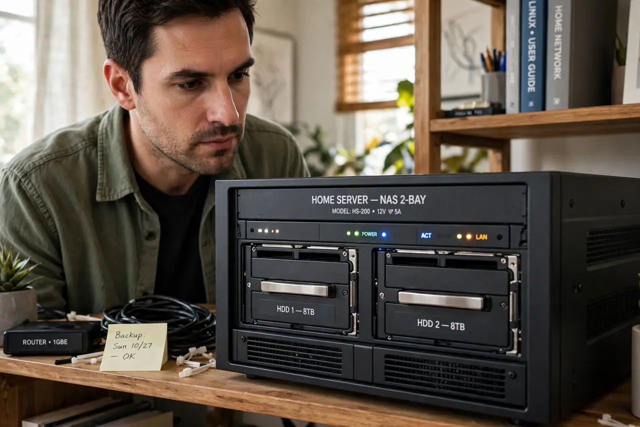 A person looking at a small home server box with two visible hard drives and status lights, the person's face serious,