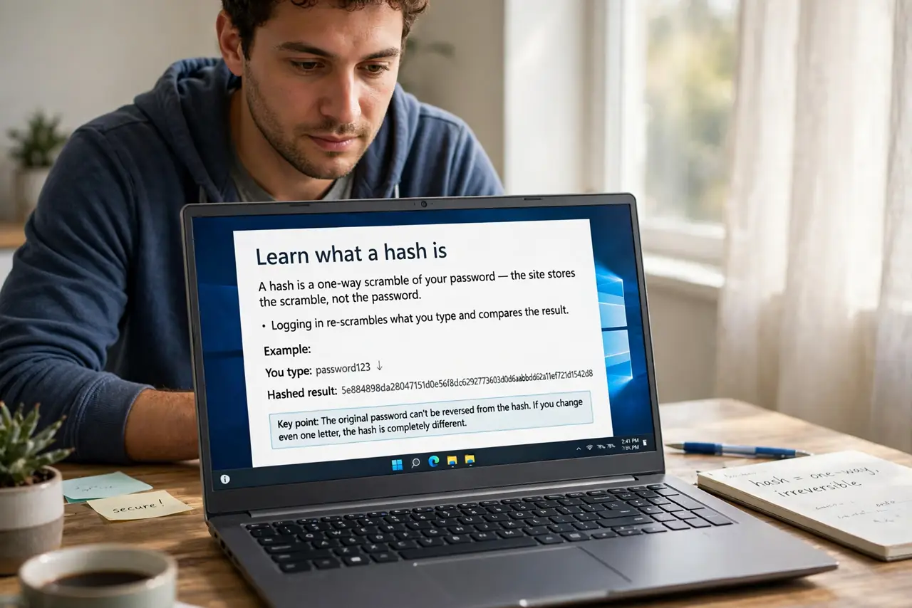 A person performing step 1: Learn what a hash is. A hash is a one-way scramble of your password — the site stores the scramble, not the pa.
