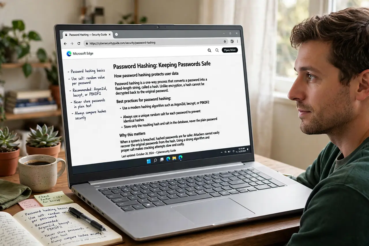 A person at a real laptop showing a security article with legible text about password hashing, the person's face curious and attentive, a notebook beside the laptop, home.